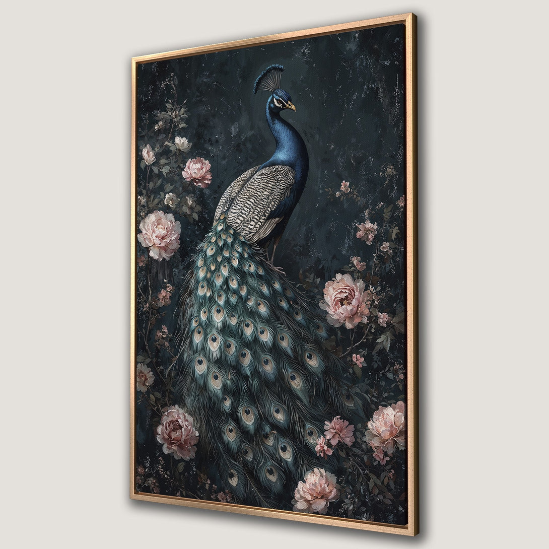 Framed Wall Art: Elegant peacock painting in moody, dark teal and blush tones. Botanical illustration canvas print for sophisticated home decor.