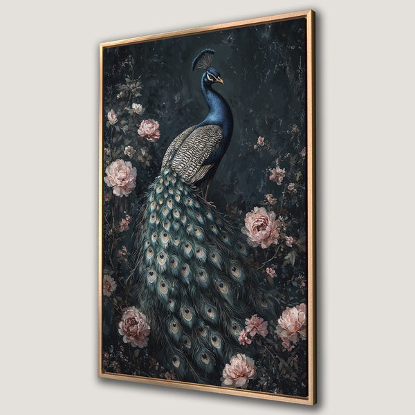 Framed Wall Art: Elegant peacock painting in moody, dark teal and blush tones. Botanical illustration canvas print for sophisticated home decor.