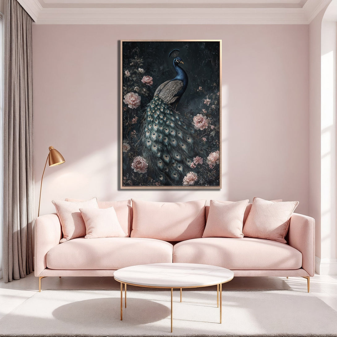 Framed Wall Art: Elegant peacock print in a dark, moody style. Features a blue and teal peacock with pink floral accents, adding a touch of luxury to any space.