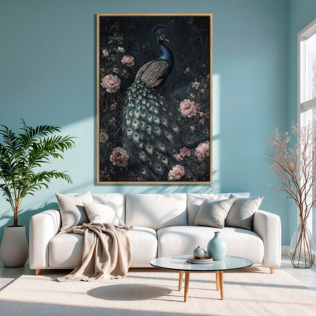 Framed Wall Art: Peacock painting with floral accents in a dark, moody style. Features a blue and pink color palette, perfect for home decor.