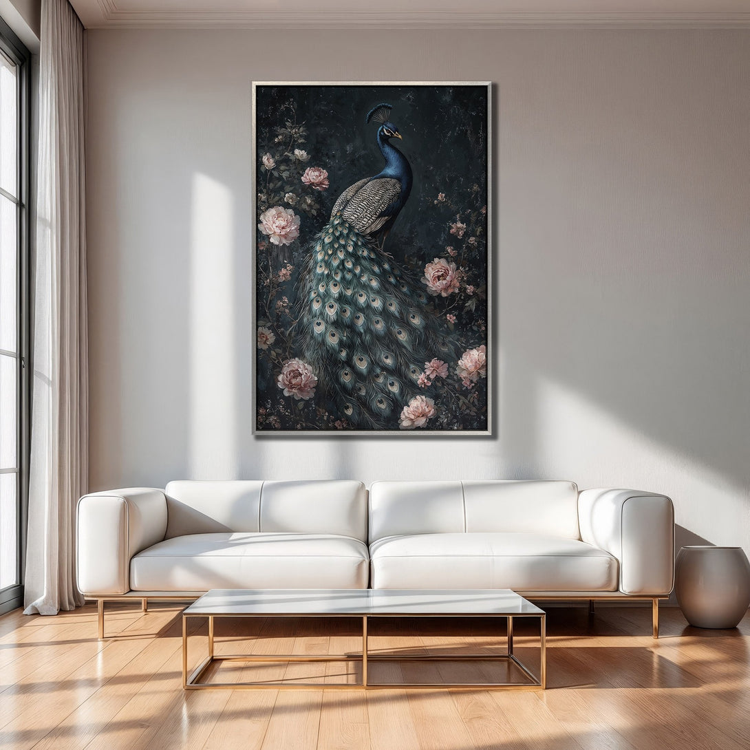 Framed Wall Art: Elegant peacock print in a dark, moody style with a touch of pink florals. Perfect for adding a touch of luxury to your living room.