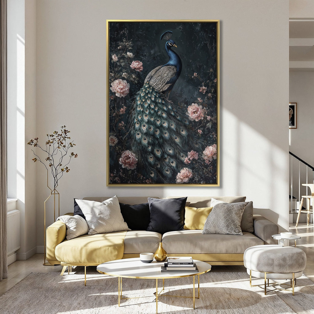 Canvas Print featuring a majestic peacock in a floral garden, showcasing a moody, vintage style with teal, pink, and dark green tones.