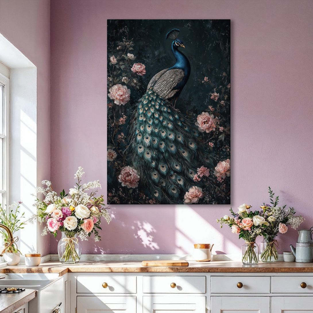 Framed Wall Art: Majestic peacock print with floral accents in moody blues and pinks. Elegant decor for any space. Shop now!
