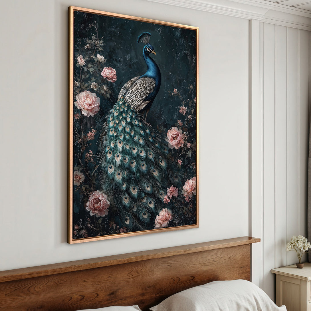 Framed Wall Art: Elegant peacock Canvas Print with floral accents in a dark teal and blush color palette. Perfect for bedroom decor!