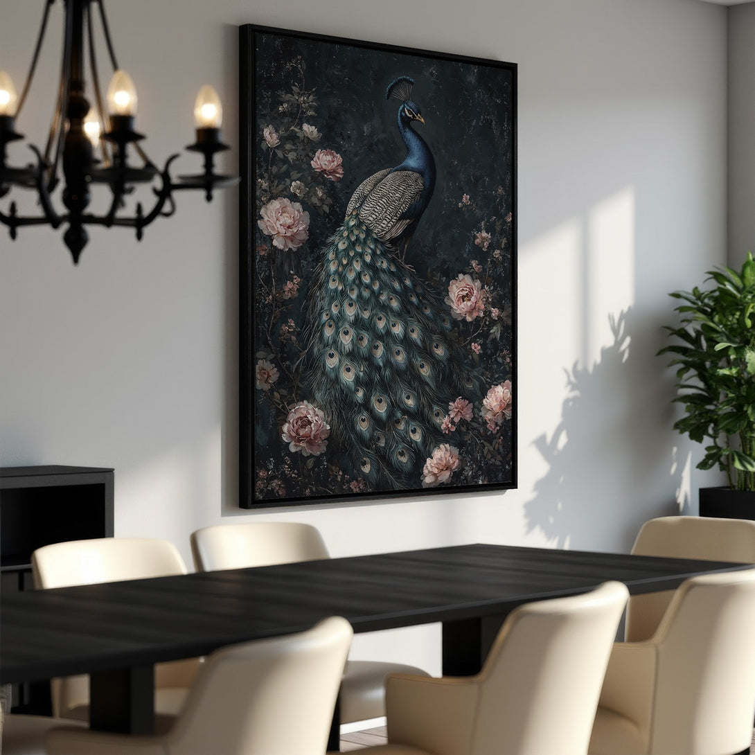 Framed Wall Art: Regal peacock print in a dark, moody style with teal, blue, and blush tones. Perfect for adding elegance to your space.