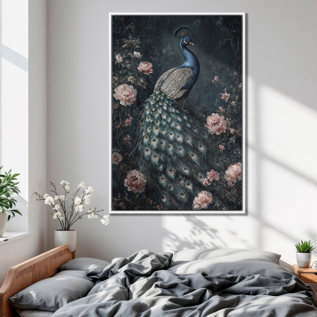 Framed Wall Art: Elegant peacock print with floral accents in a moody, blue and blush color palette. Perfect bedroom decor!