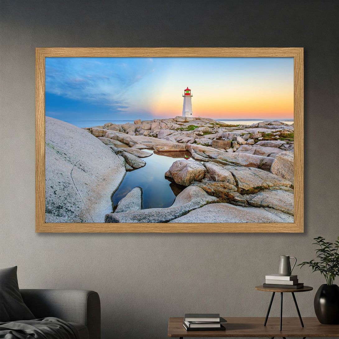 Framed Poster of a lighthouse at sunset. Coastal landscape art in warm, natural tones. Perfect wall decor for any room.