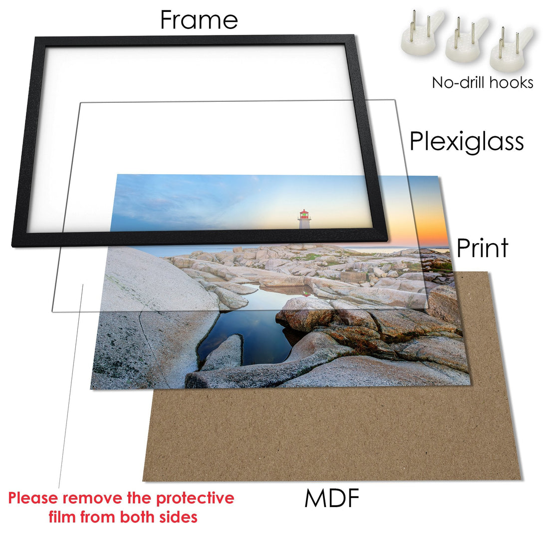 Framed Poster of a lighthouse landscape in a natural style, featuring a blue, orange, and neutral color palette.