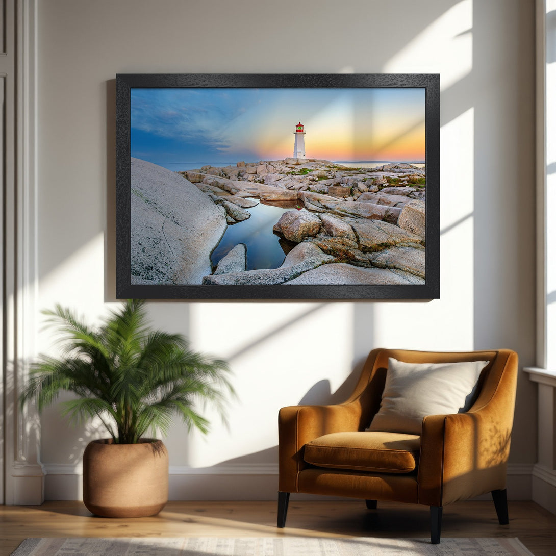 Framed Poster of a lighthouse on rocky coast at sunset. Coastal landscape art in warm tones. Perfect wall decor.