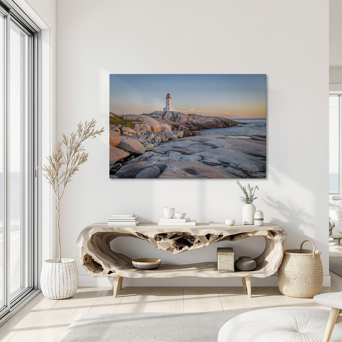 Framed Wall Art: Lighthouse Canvas Print. Coastal landscape art with a vibrant sunset color palette. Perfect for adding a touch of nature to your home decor.