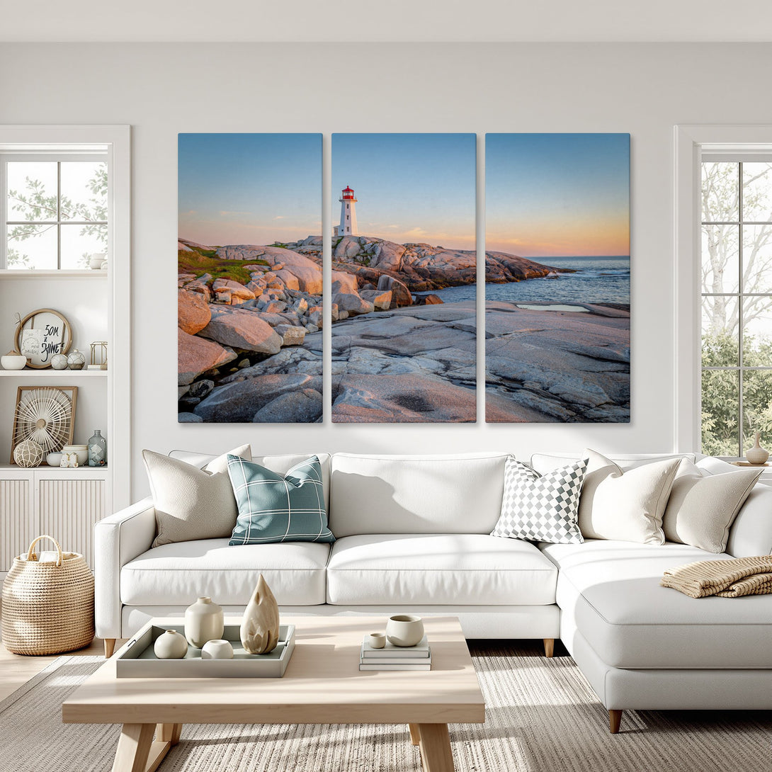 Canvas Print of a lighthouse at sunset. Coastal landscape art in warm, neutral tones. Perfect for adding a serene touch to your home decor.