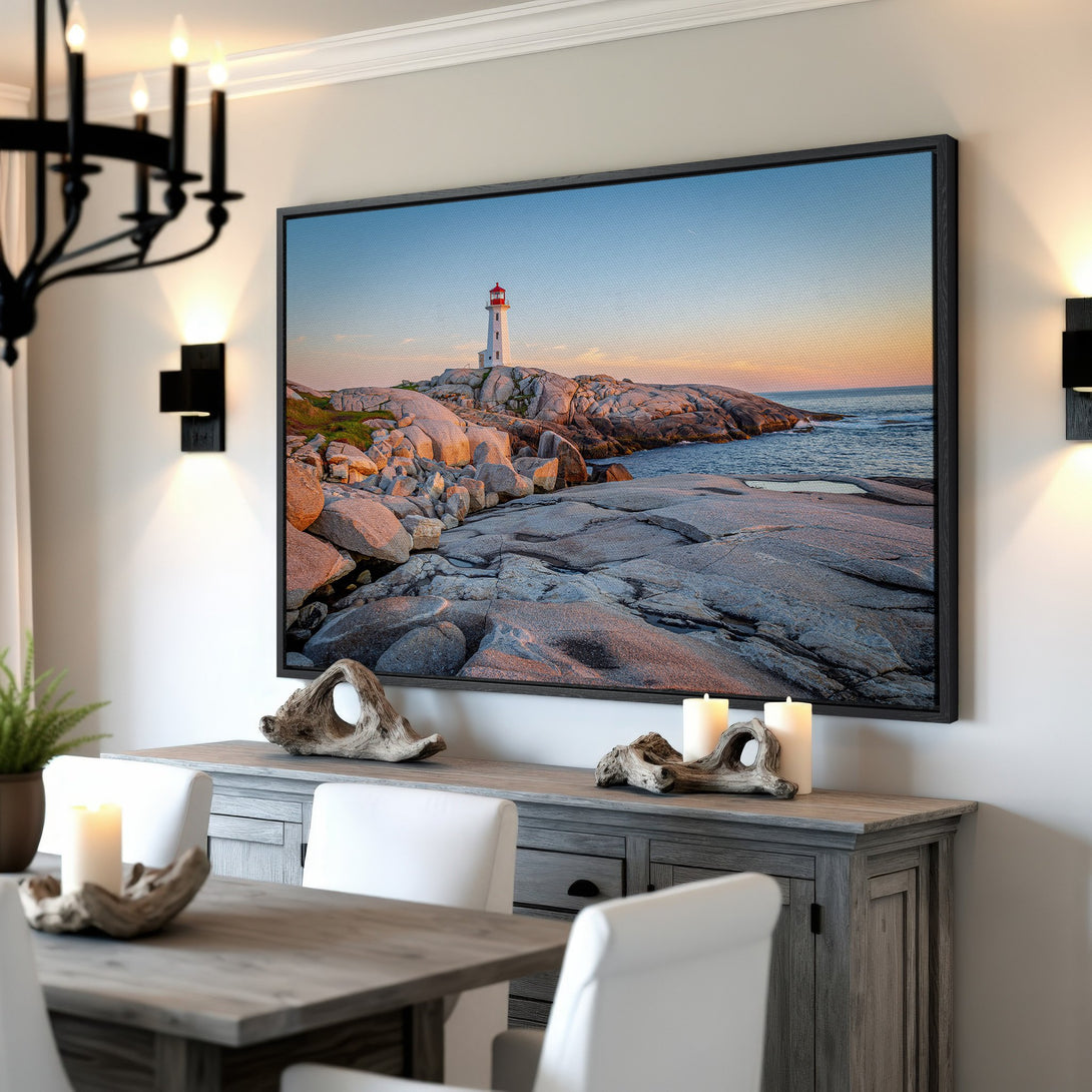 Framed Wall Art: Lighthouse Canvas Print with coastal landscape in warm sunset tones. Perfect for adding a touch of nature and style to your home decor.