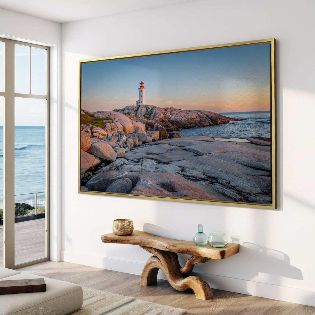 Canvas Print of a lighthouse on rocky coast, featuring a warm, natural color palette. Coastal wall art perfect for any home decor.