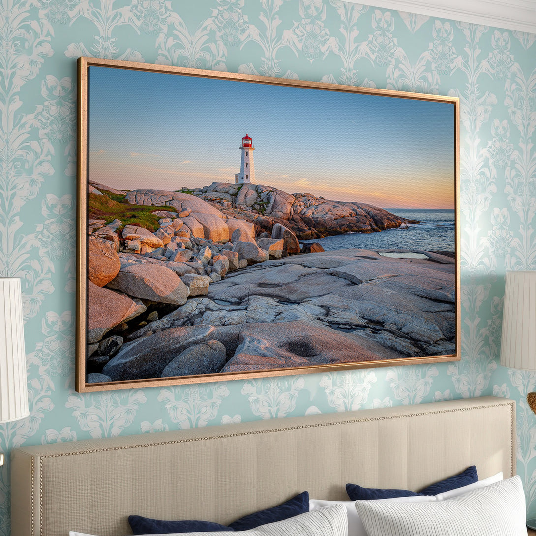 Framed Wall Art: Lighthouse Canvas Print. Coastal landscape art in warm tones. Perfect for bedroom decor. Serene, calming, and beautiful.
