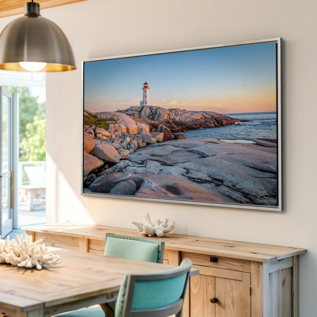 Framed Wall Art: Lighthouse canvas print with coastal sunset scene. Serene ocean view in cool blues, grays, and warm sunset hues. Perfect for home decor!