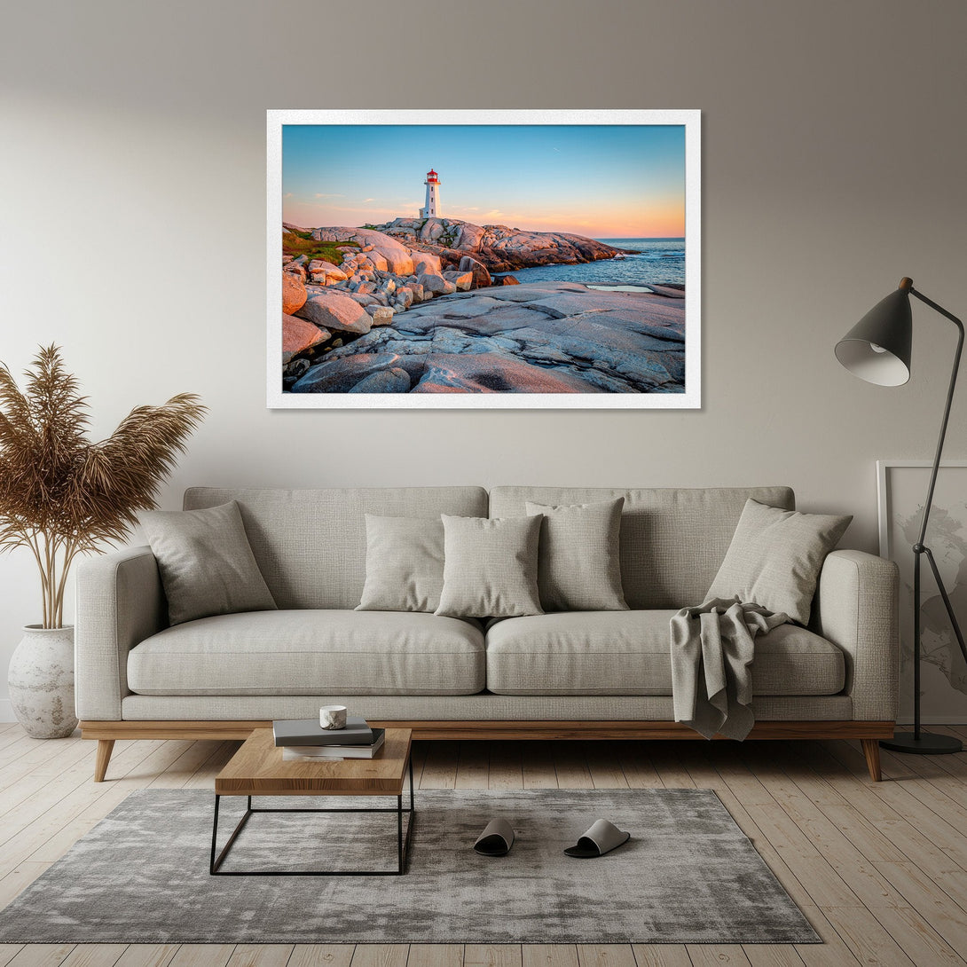 Framed Poster featuring a lighthouse landscape. Coastal style with warm sunset hues and cool blues. Perfect wall art for your home!