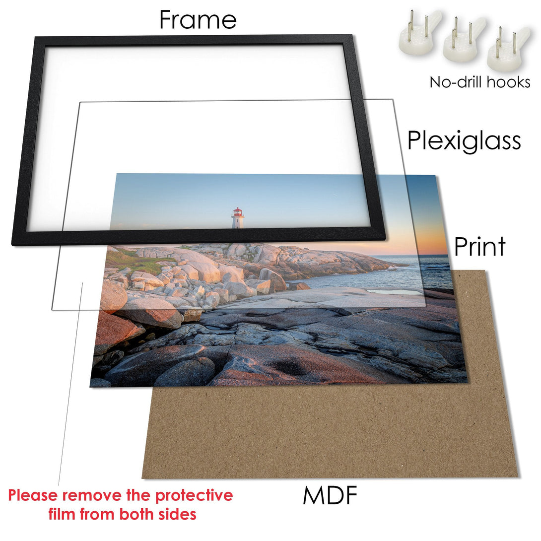 Framed Poster print of a lighthouse landscape in a black frame. Coastal style with warm, natural colors. Ready to hang!
