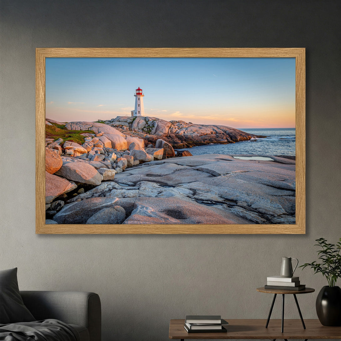 Framed Poster of a lighthouse at sunset. Coastal landscape art with warm, natural color palette. Perfect wall decor.
