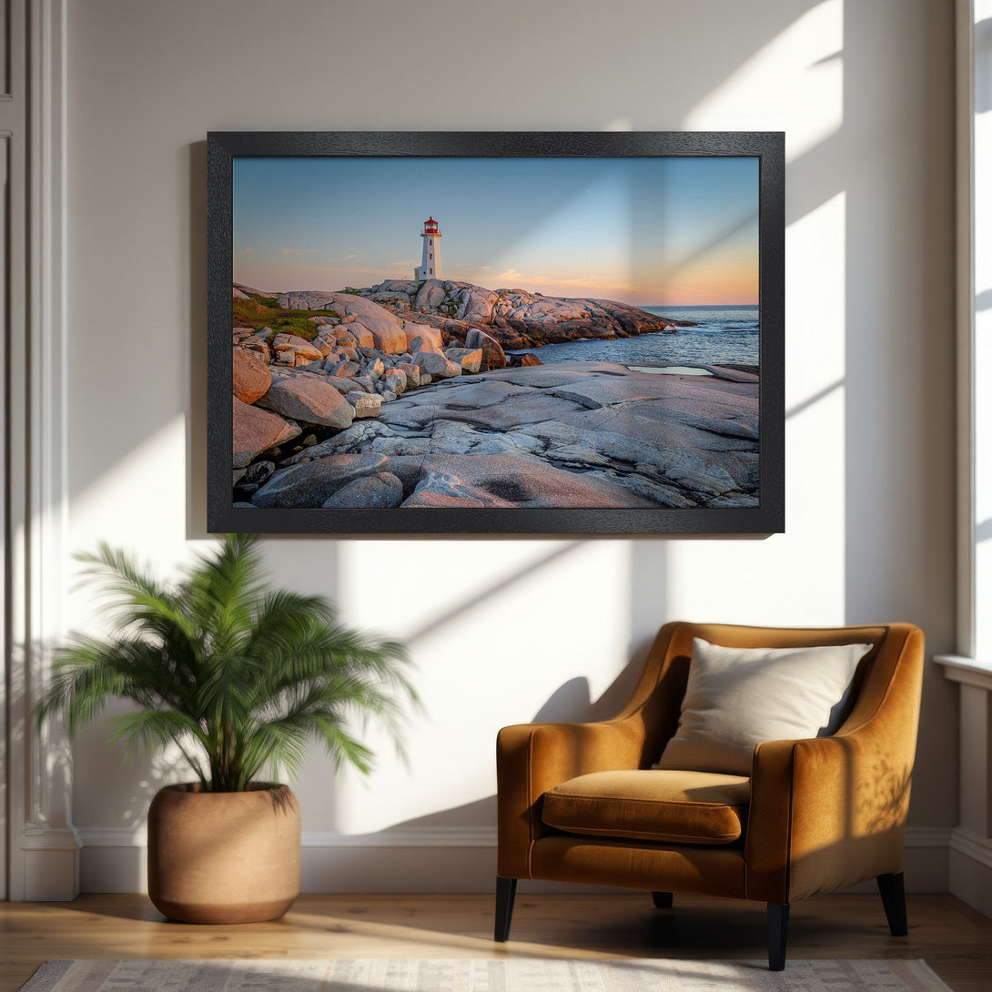 Framed Poster of a lighthouse on a rocky coast. Coastal style with warm sunset colors. Perfect wall art for your home!