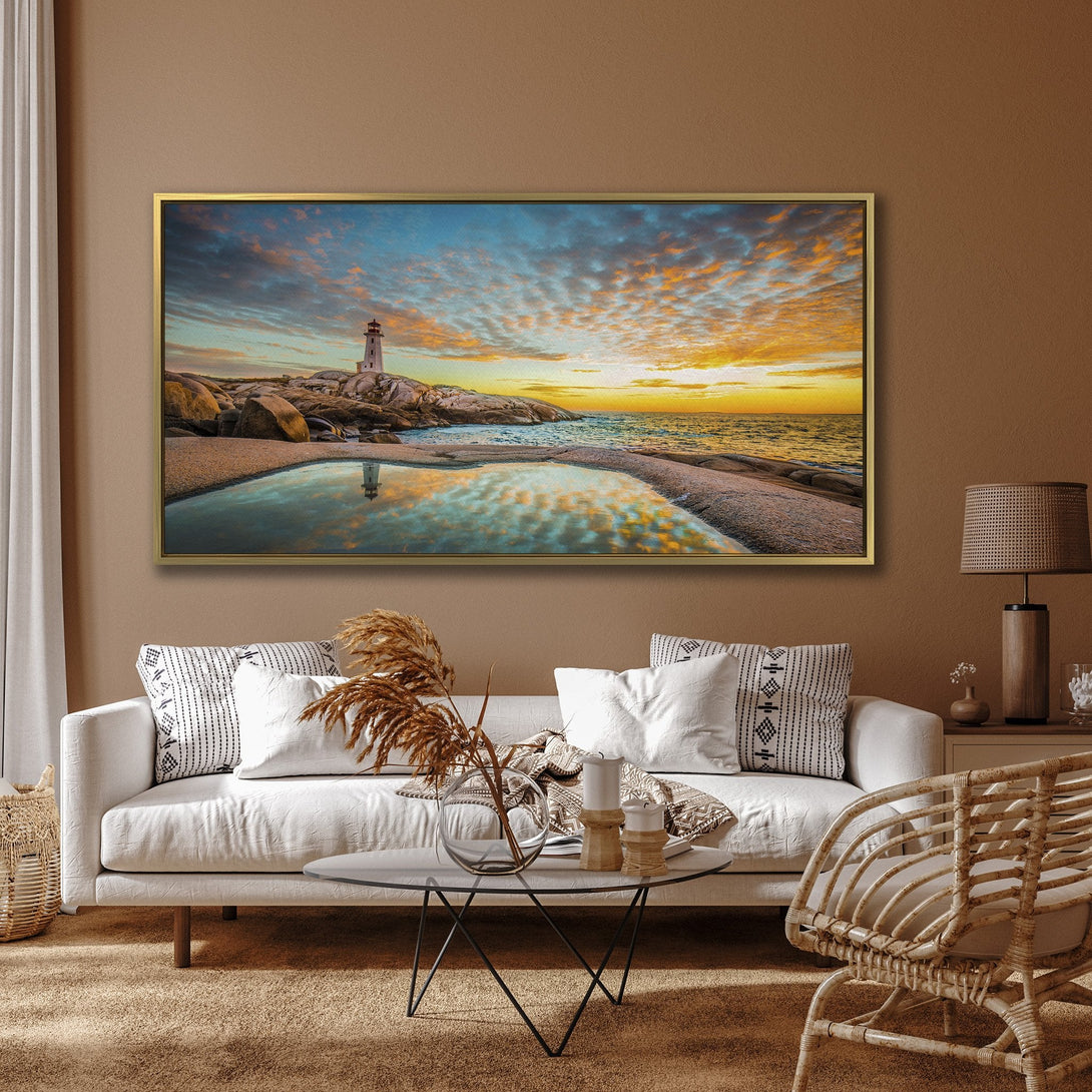 Canvas Print of a lighthouse at sunset, vibrant colors. Coastal wall art for a cozy interior.