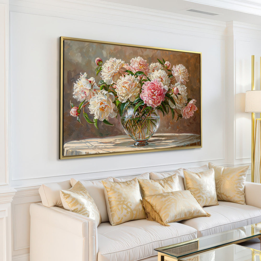 Canvas Print of peonies in a vase, displayed in a modern living room. Soft, neutral color palette with pops of pink. Perfect wall art!