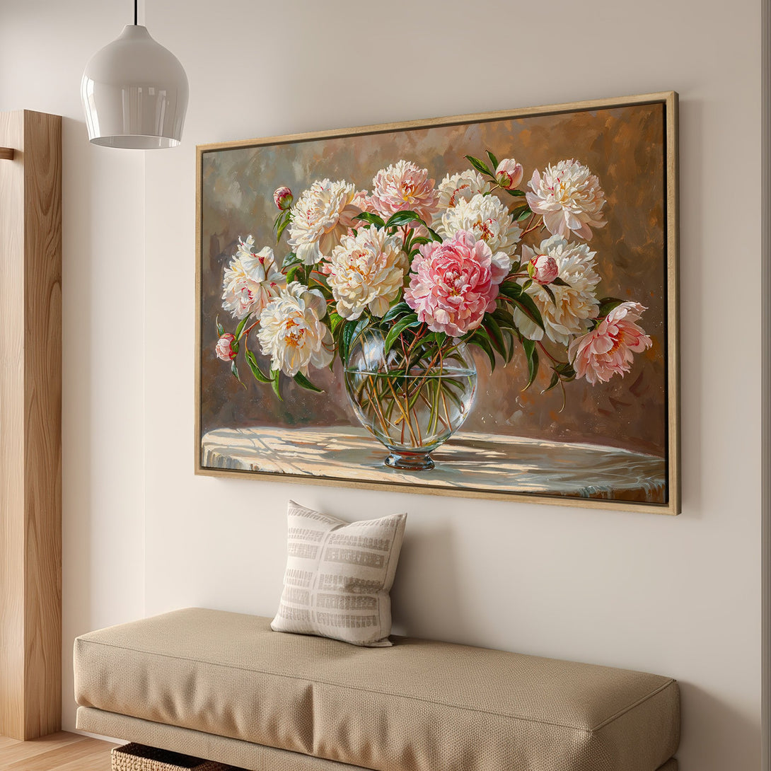 Framed Wall Art: Elegant floral canvas print featuring peonies in soft pink and cream hues. Adds a touch of sophistication to any interior.