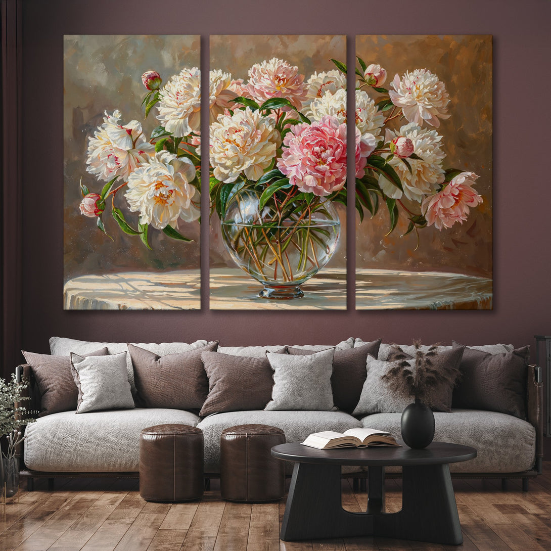Canvas Print of peonies in a vase, a beautiful floral painting with a warm, neutral color palette, perfect for home decor.