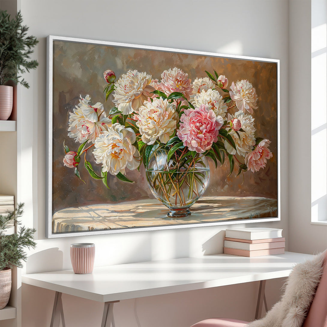 Framed Wall Art featuring a stunning peony bouquet in a vase. Elegant oil painting style with a soft pink and cream color palette. Perfect for home decor.