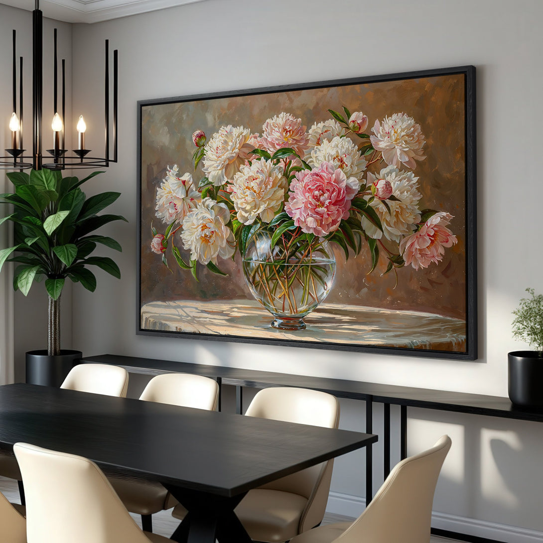 Framed Wall Art: Elegant peony floral painting in soft pink and cream hues. Perfect for dining room decor. Enhance your space with this beautiful canvas print.