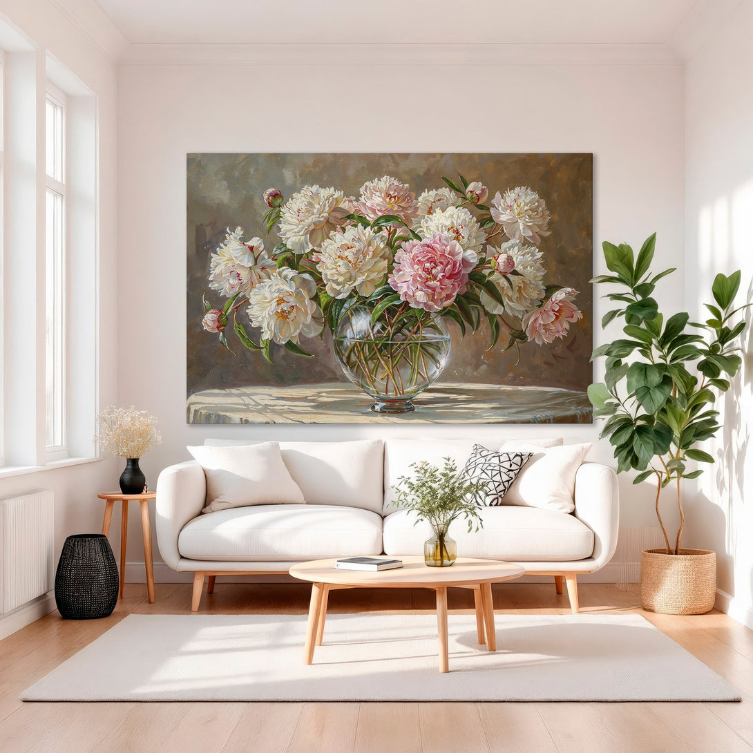 Framed Wall Art: Elegant peony painting in a gold frame. Soft pink, white, and brown color palette. Perfect for adding a touch of luxury to your home decor.