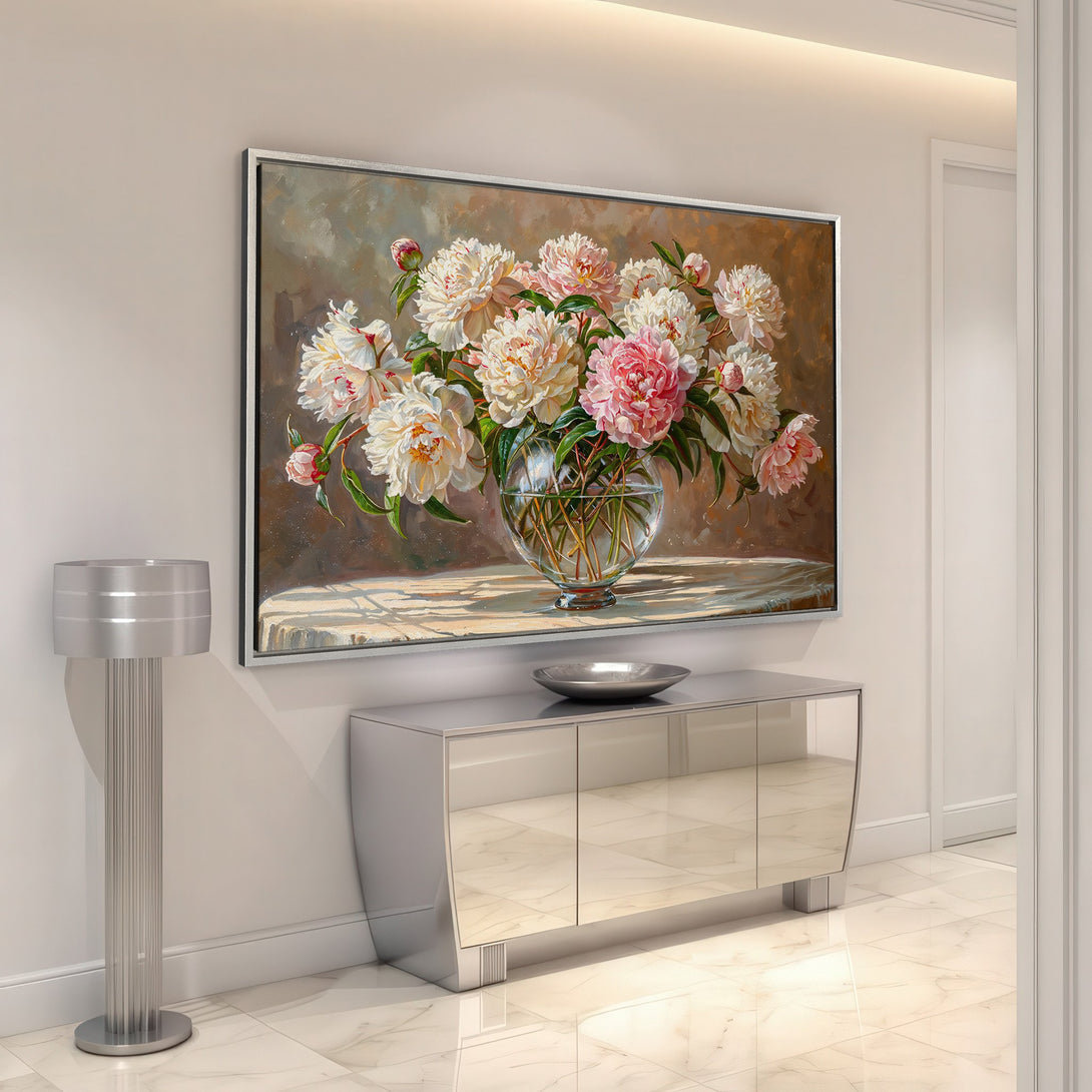 Framed Wall Art of peonies in a vase. Elegant floral painting in soft pink, white, and green hues. Perfect for adding a touch of luxury to your home.