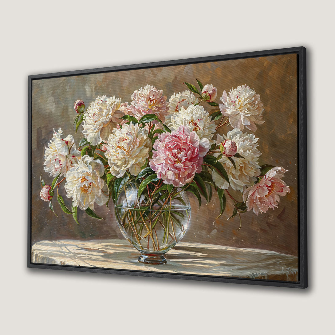 Framed Wall Art: Elegant peony floral painting in soft pinks, whites, and greens. Perfect for adding a touch of sophistication to your home decor.
