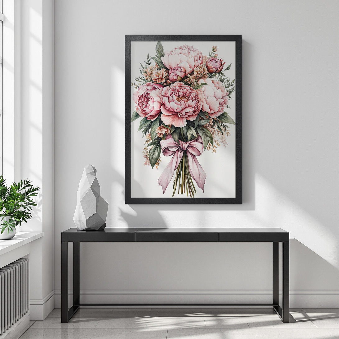 Framed Poster featuring watercolor peonies in pink and green, perfect for adding a touch of elegance to your home decor.