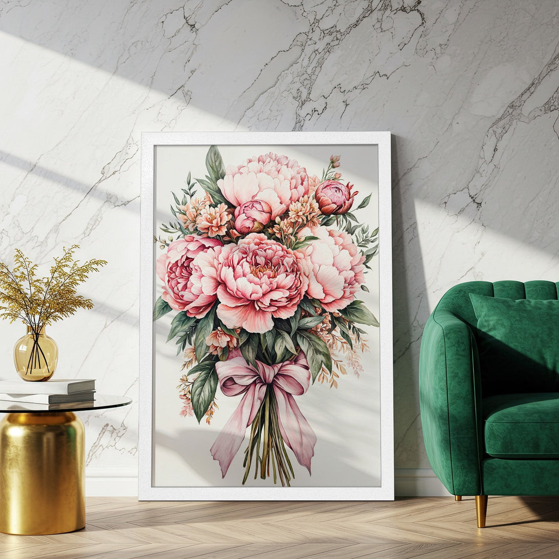 Framed Poster featuring watercolor peonies in pink and green, perfect floral wall art for home decor.