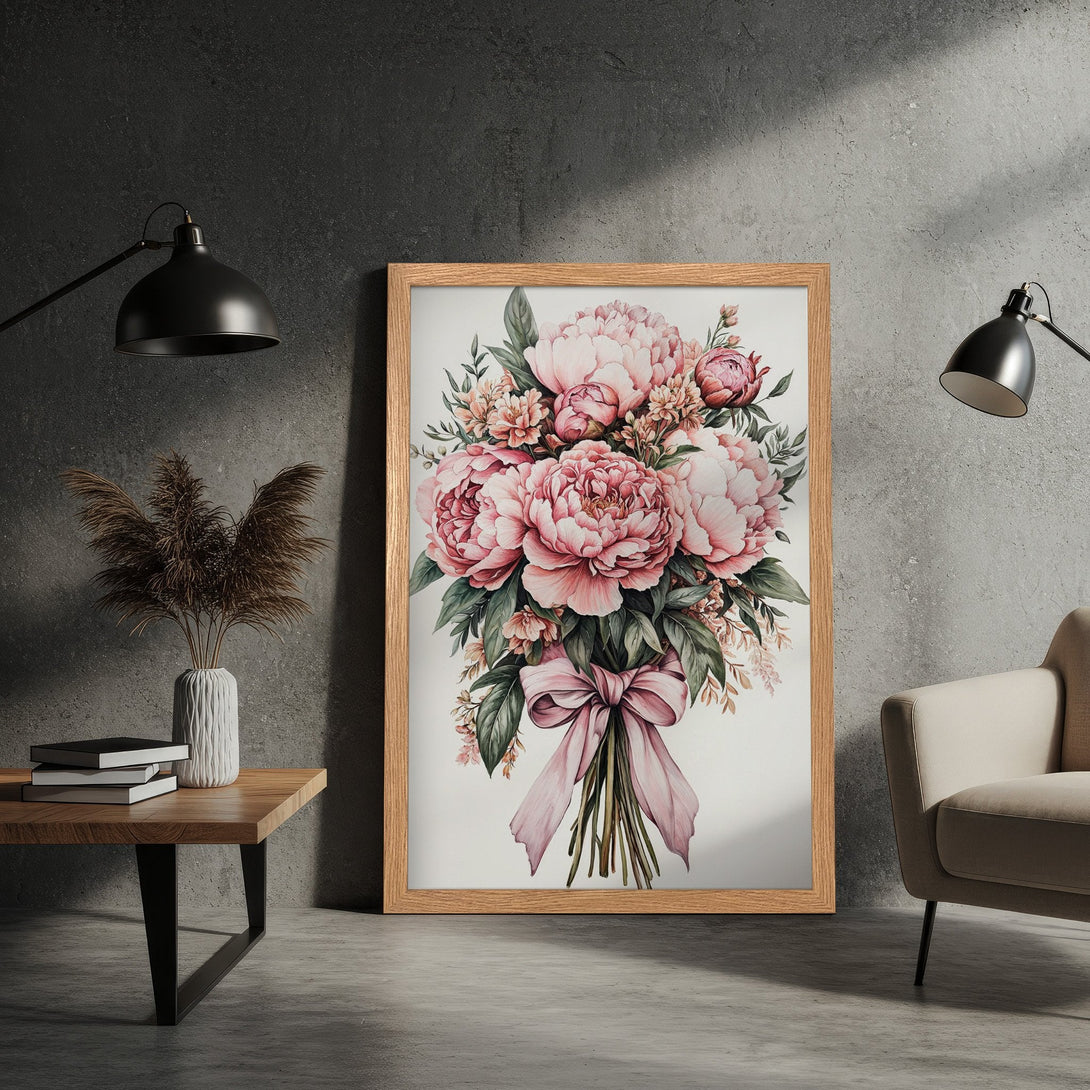 Framed Poster featuring watercolor peonies in pink and green, perfect for adding a touch of elegance to your home decor.
