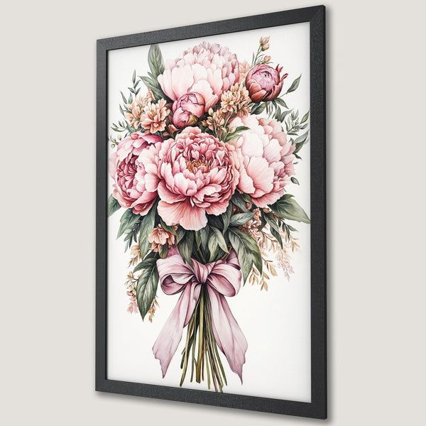 Framed Poster featuring a watercolor bouquet of pink peonies. Elegant floral art in a soft, romantic color palette. Perfect wall decor!