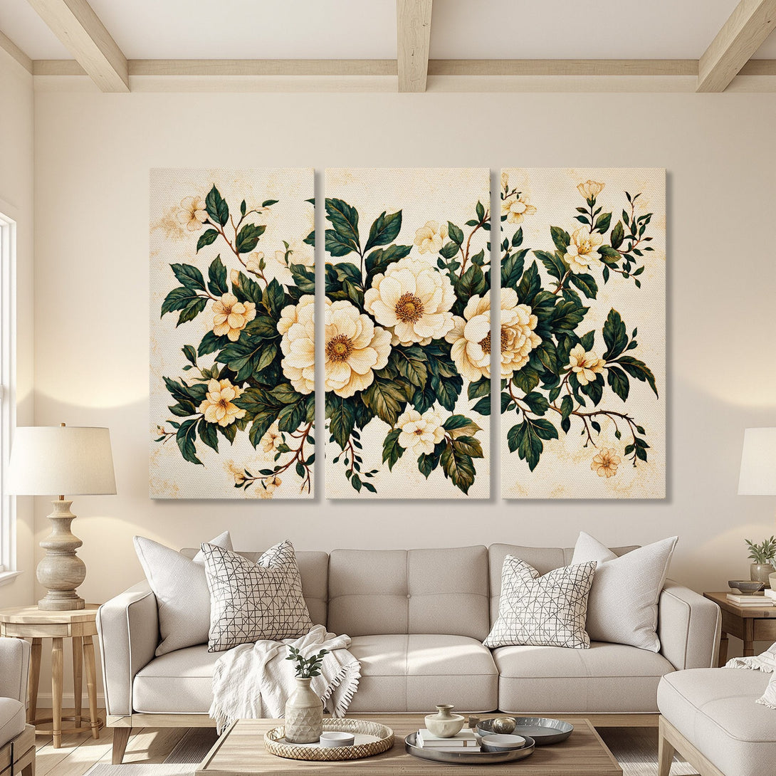 Canvas Print of floral artwork in a neutral color palette, perfect for adding a touch of elegance to your living room decor.