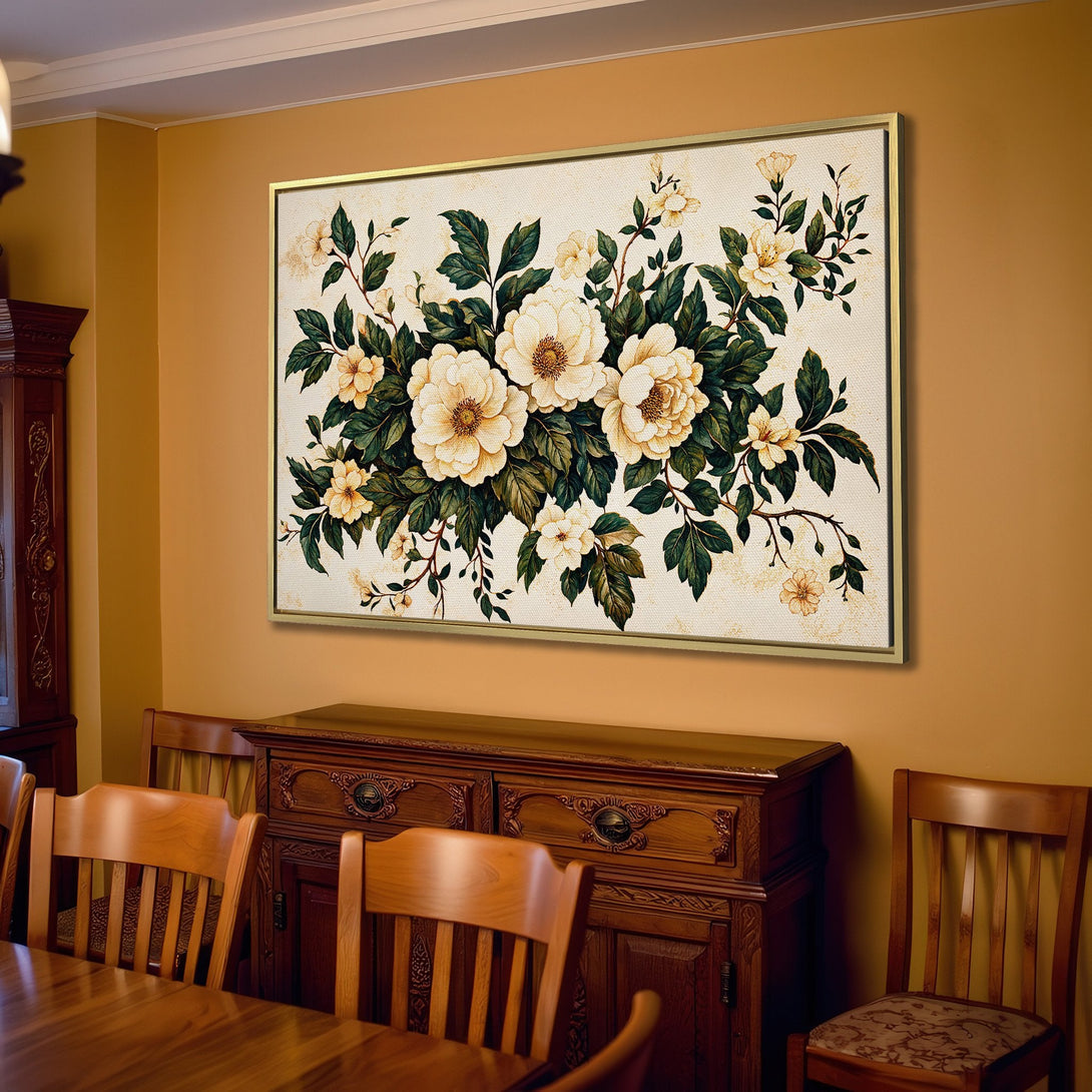 Canvas Print of floral artwork in a living room. Features cream, green, and yellow tones for a warm, inviting aesthetic. Perfect for home decor!