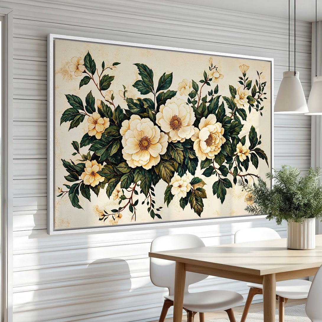 Framed Wall Art featuring elegant floral artwork in cream, green, and gold. Perfect for adding a touch of sophistication to any dining room.