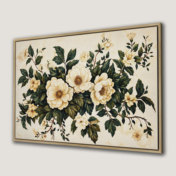 Framed Wall Art featuring elegant floral artwork in a vintage style. Creamy white and green color palette adds a touch of nature and sophistication to any space.