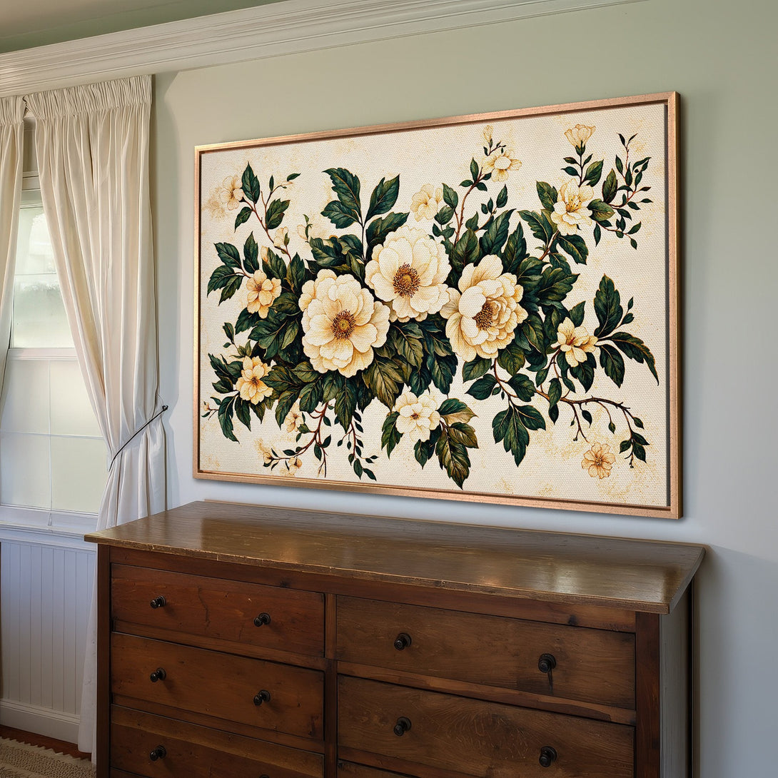 Framed Wall Art: Elegant floral Canvas Print in cream, green, and gold tones. Perfect for adding a touch of nature and sophistication to your home decor.