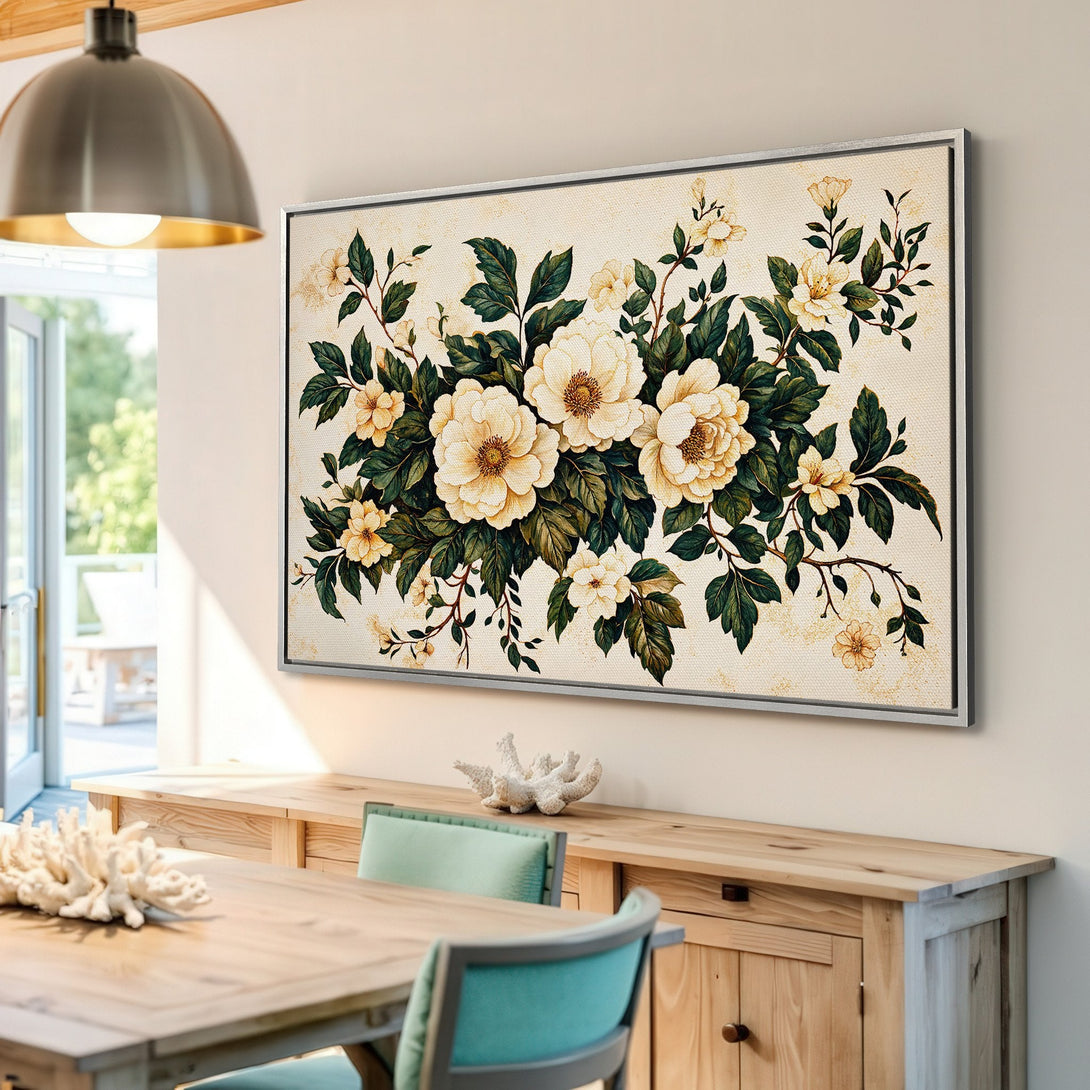 Framed Wall Art featuring elegant floral design in cream, green, and gold. Perfect for adding a touch of sophistication to your home decor.