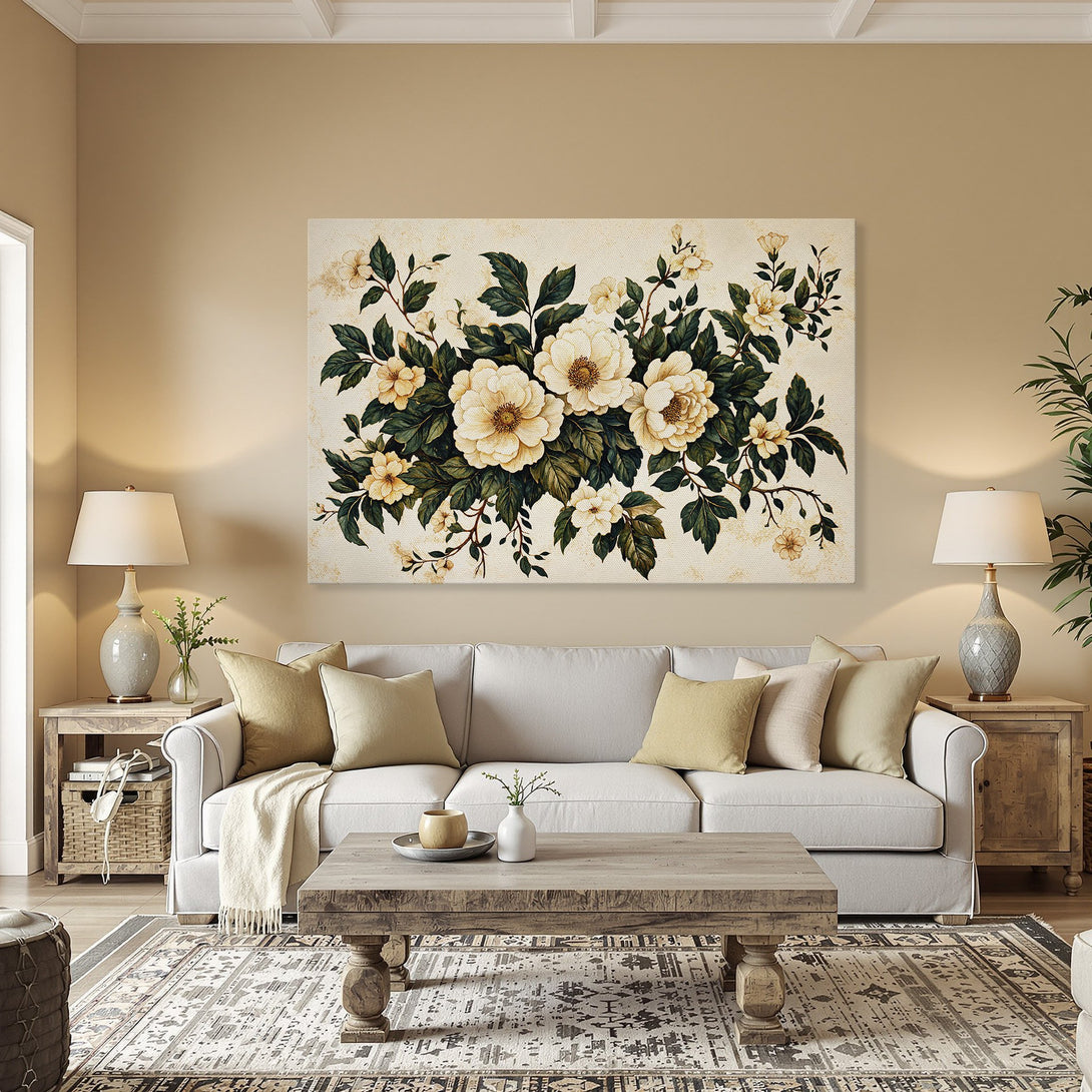 Framed Wall Art: Floral Canvas Print in a dining room. Features cream, green, and gold tones. Perfect for adding elegance to your home decor.