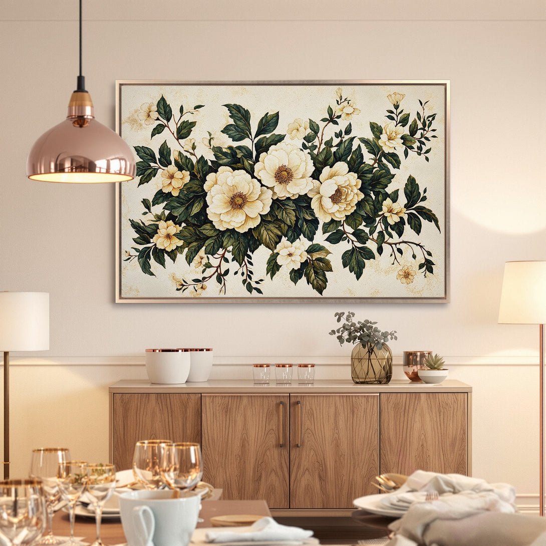 Framed Wall Art featuring elegant floral design in a vintage style, with a cream and green color palette. Perfect for adding sophistication to any room.