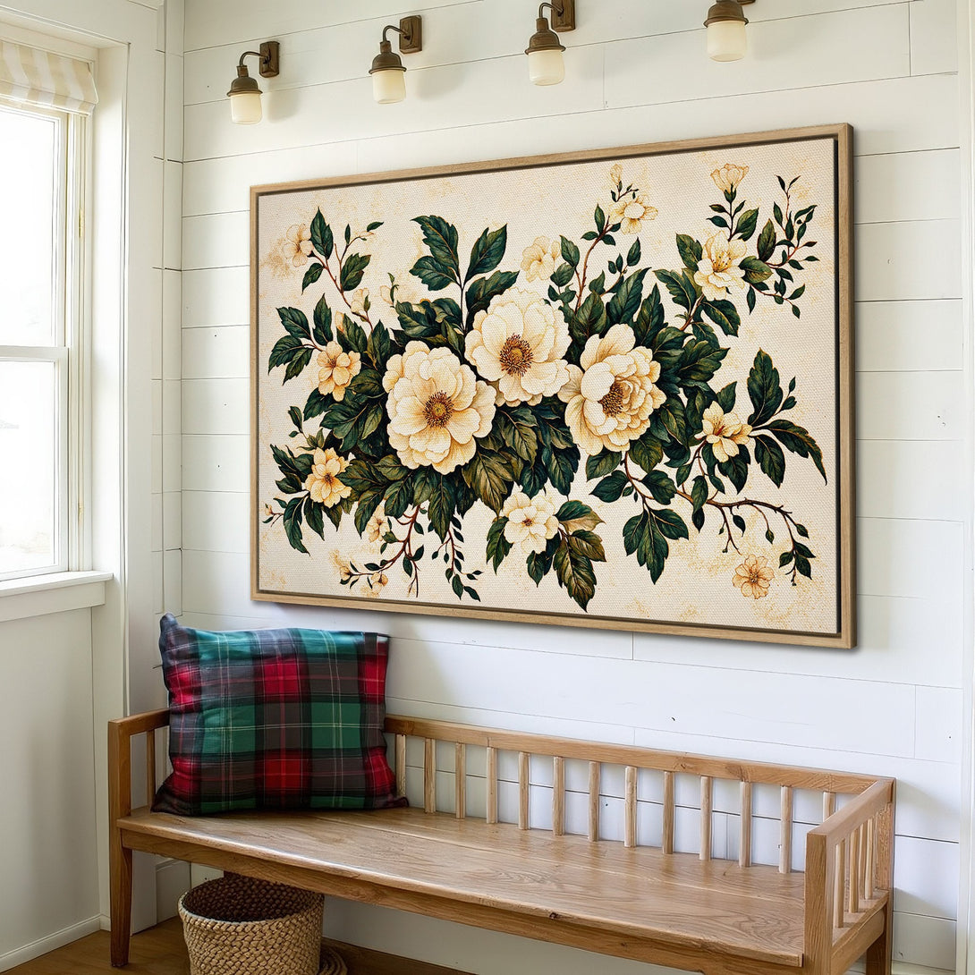 Framed Wall Art featuring elegant floral design in cream, yellow, and green hues. Perfect for adding a touch of nature-inspired style to your home decor.