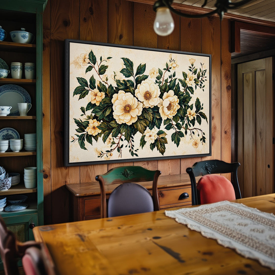 Framed Wall Art: Floral Canvas Print in a rustic dining room. Features cream, green, and yellow tones. Adds a touch of elegance to any space.