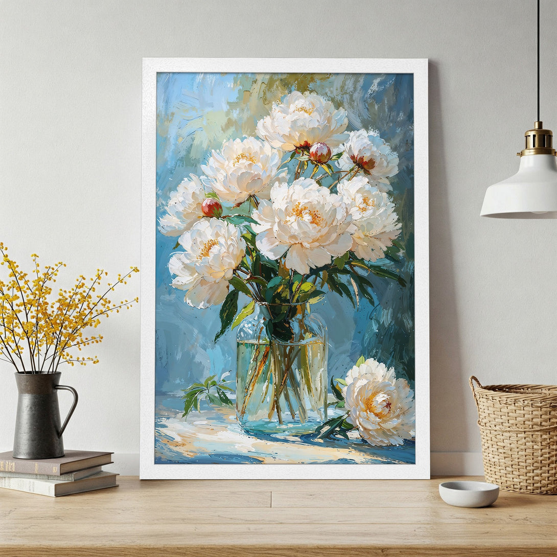 Framed Poster of white peonies in a vase, impressionist style, with a blue, white, and green color palette.