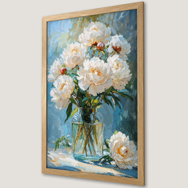 Framed Poster of white peonies in a vase, impressionist style, blue and cream color palette, perfect wall art.