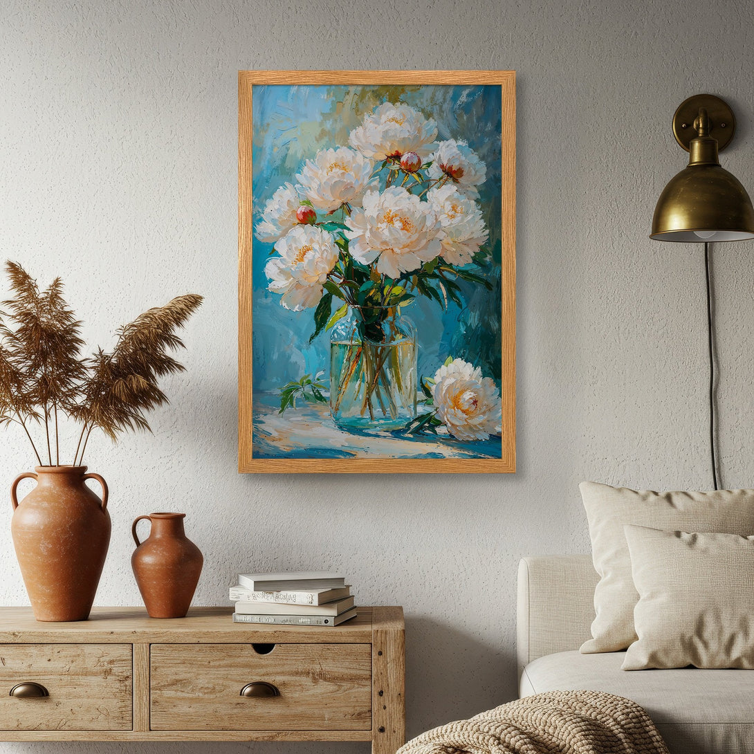 Framed Poster featuring a floral painting with white peonies, blue and teal background, and a warm color palette. Perfect wall art!