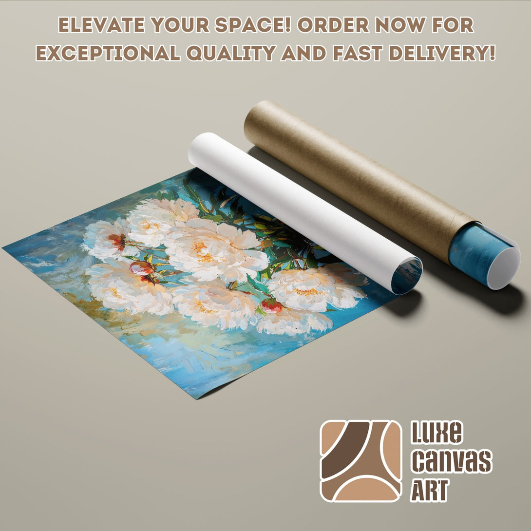 Poster Roll featuring a floral oil painting in blue, white, and green. Elevate your space with this stunning art!